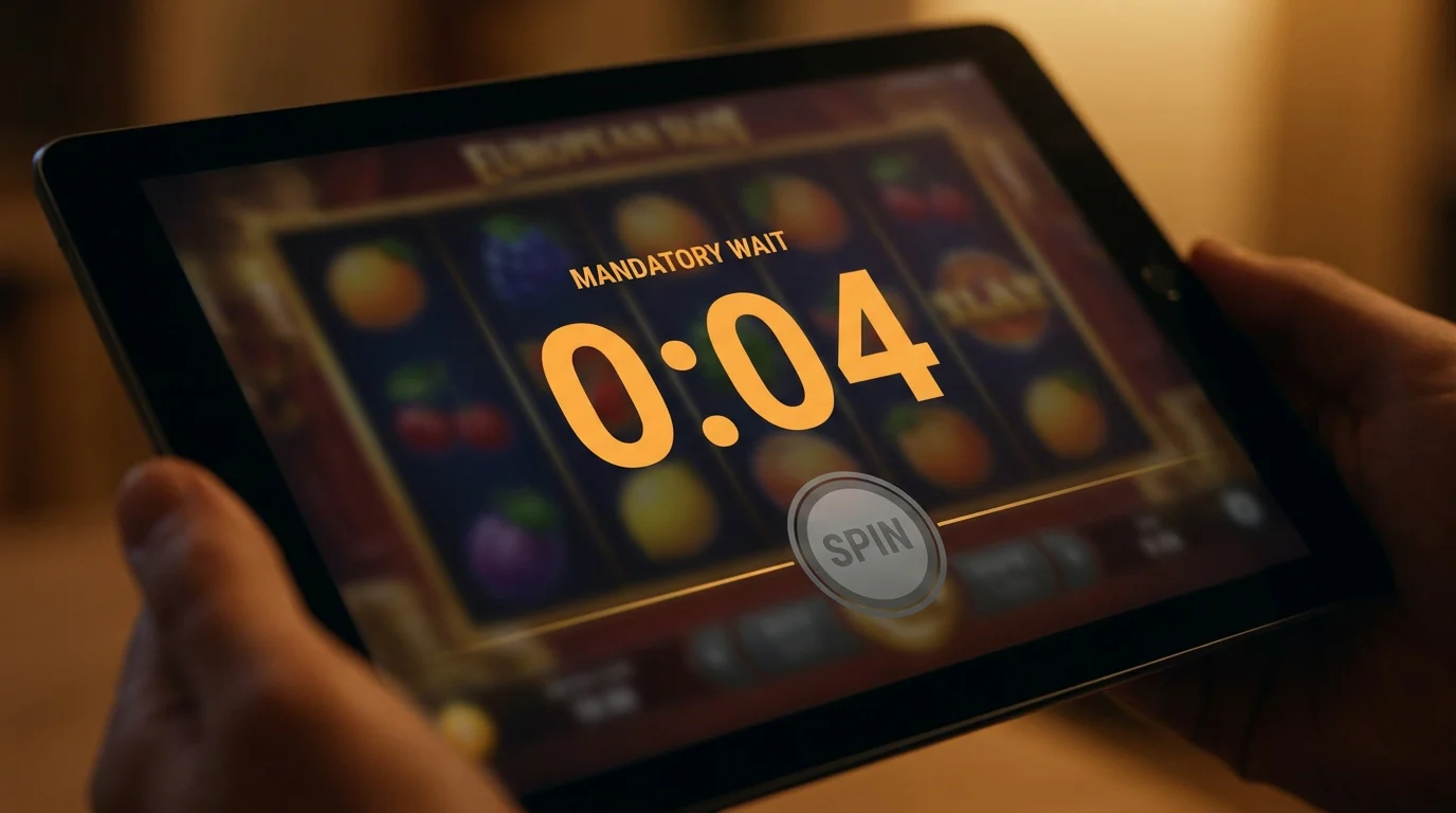 5-Sekunden-Countdown-Timer blockiert den Spin-Button auf einem Slot-Interface
