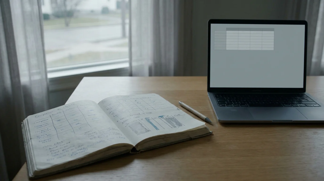 Offenes Notizbuch mit handschriftlichem Anbietervergleich neben einem Stift und Laptop