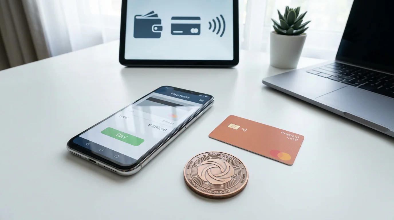 Smartphone mit Payment-App, Prepaid-Karte und Krypto-Coin auf Schreibtisch