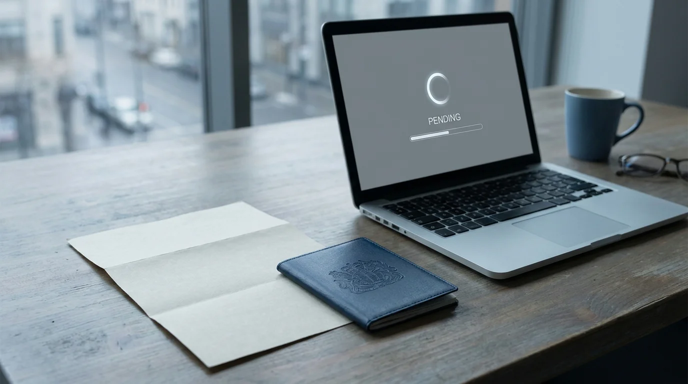 Dokument und geschlossener Ausweis neben einem Laptop mit neutralem Wartestatus