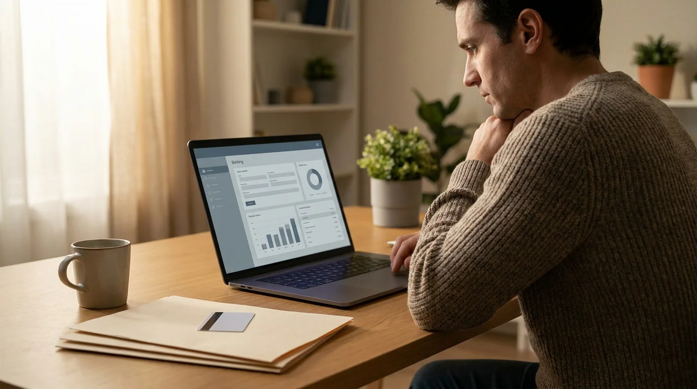 Person am Laptop prüft eine Auszahlung, daneben liegen bereitgehaltene Dokumente