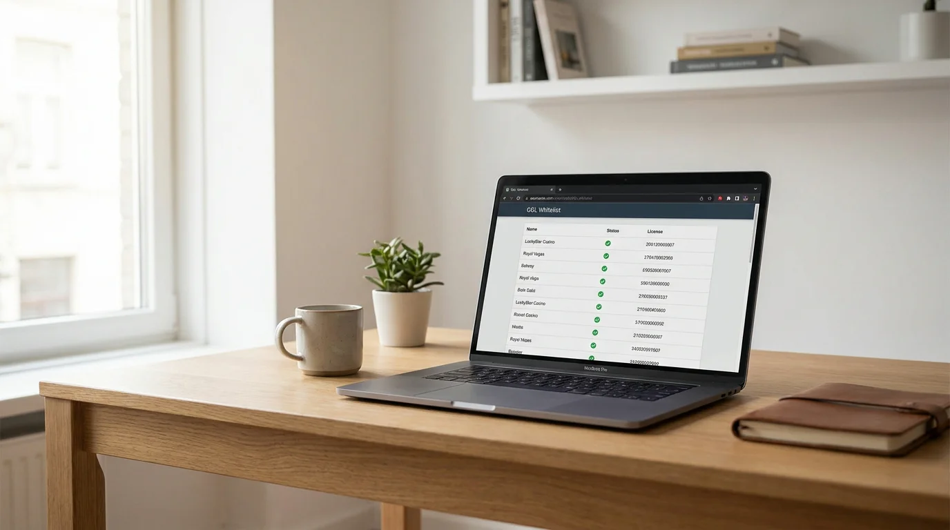 Moderner Laptop auf Schreibtisch mit offener Casino-Vergleichsseite und GGL-Whitelist