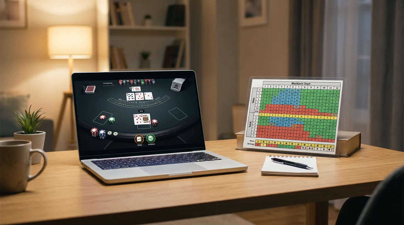 Grundstrategie-Chart für Blackjack auf Schreibtisch neben Laptop