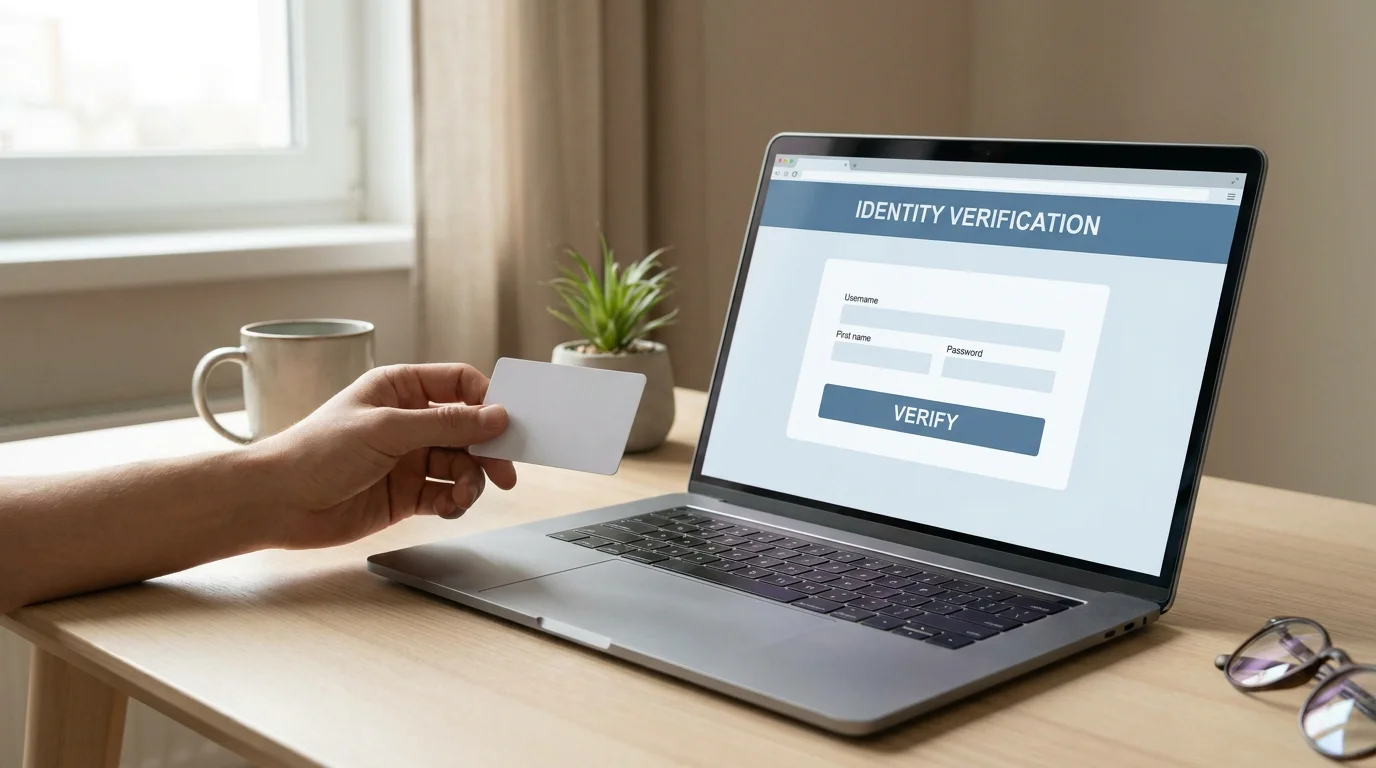 Hand hält Ausweisdokument neben aufgeklapptem Laptop zur Kontoverifizierung