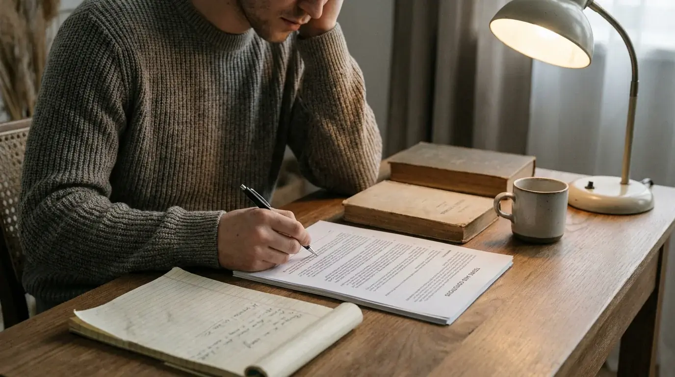 Person liest das Kleingedruckte der Bonusbedingungen mit Stift und Notizblock