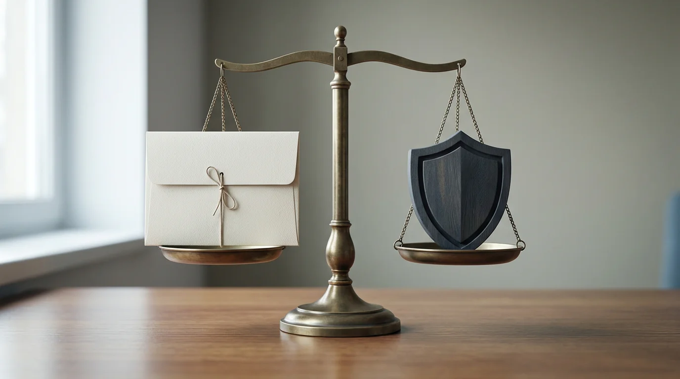 Waage mit einem Aktenordner auf der einen und einem Schutzschild-Symbol auf der anderen Seite