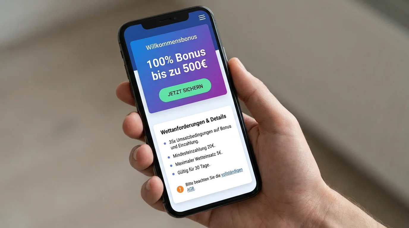 Willkommensbonus-Anzeige auf einer mobilen Casino-App mit Umsatzbedingungen
