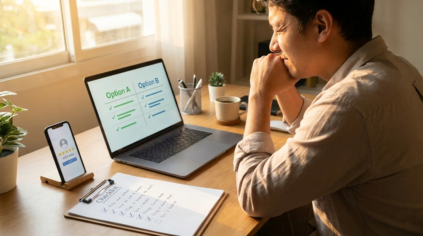 Person vergleicht Casino-Optionen auf Laptop mit Checkliste auf Papier