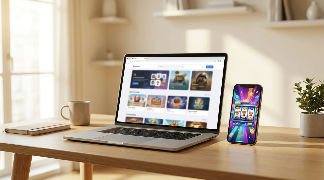Laptop und Smartphone mit Casino-Demos auf modernem Schreibtisch