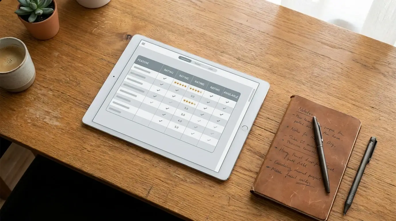Vergleichstabelle auf Tablet mit Casino-Logos und Bewertungskriterien