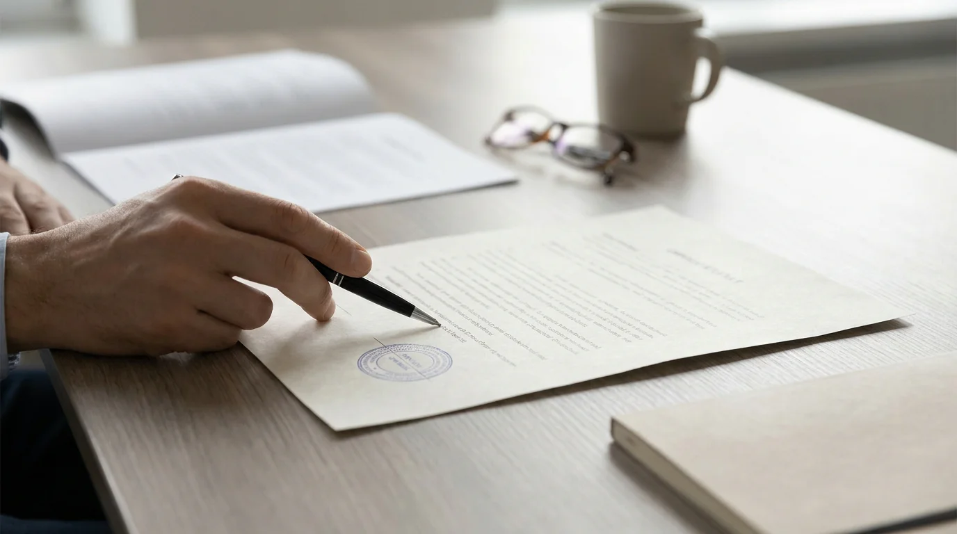 Hand mit Stift zeigt auf amtliches Dokument mit Stempel — Curaçao OGL-Direktlizenz