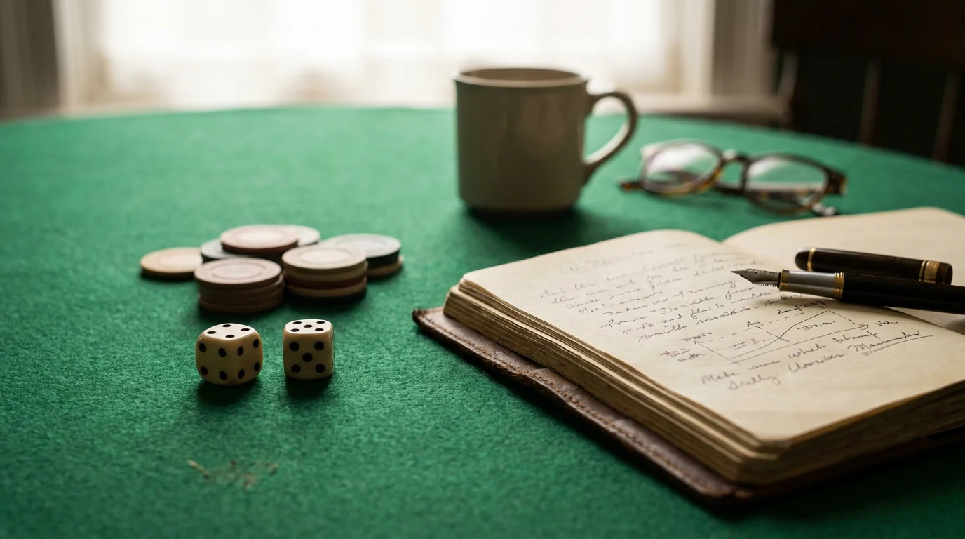 Würfel und Spielchips neben einem Notizblock mit Strategienotizen auf einem Tisch