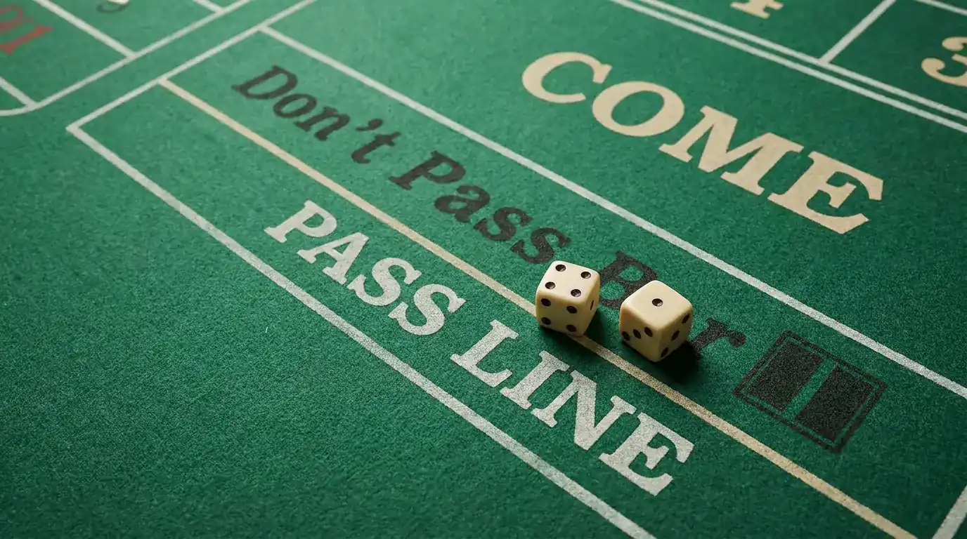 Craps-Tischlayout mit Pass-Line-Feld und zwei Würfeln beim Come-out-Wurf