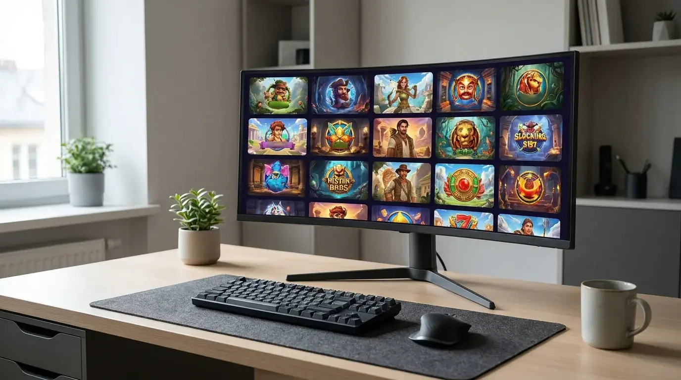 Desktop-Monitor mit Casino-Portal und Spielauswahl