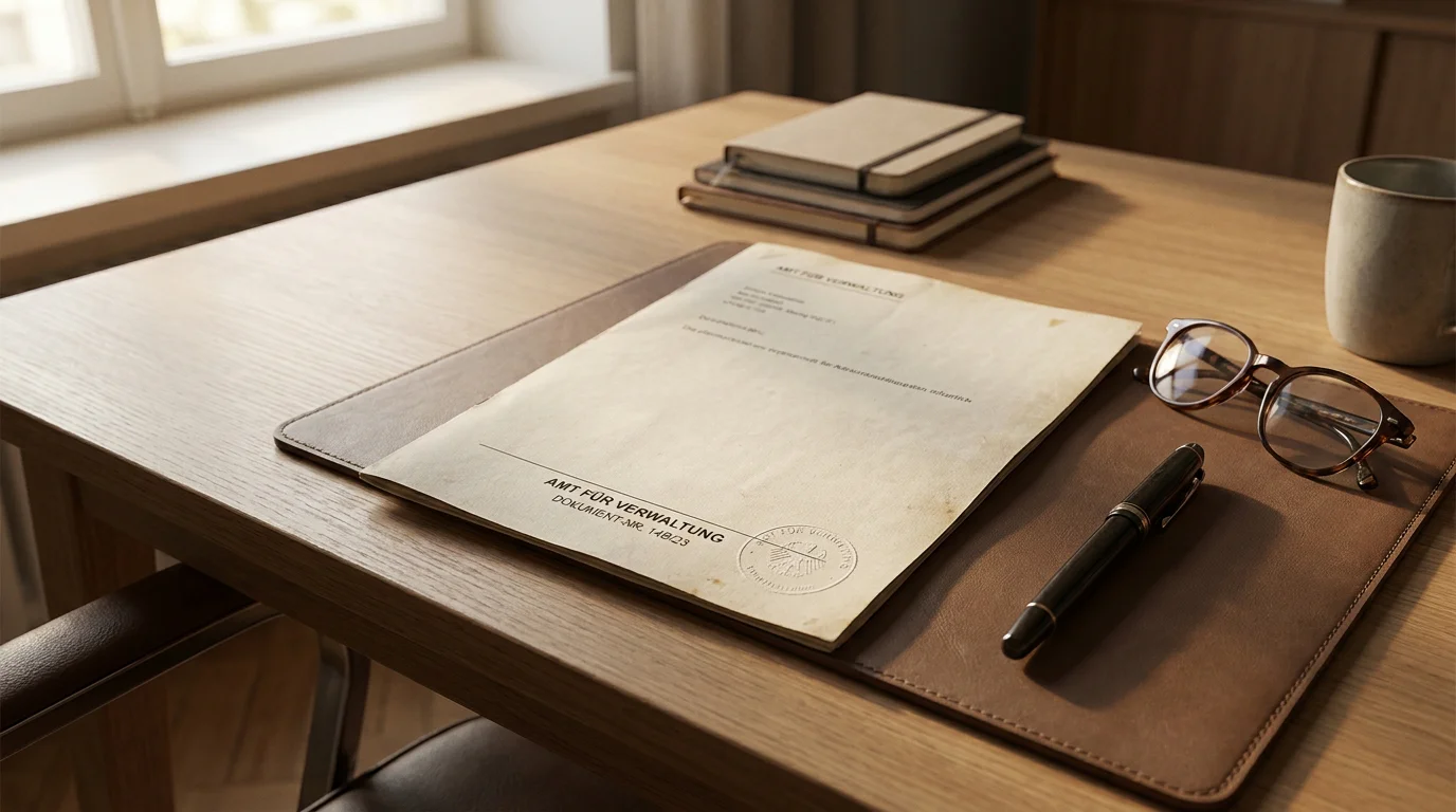 Amtliches deutsches Dokument mit offiziellem Stempel auf einem ordentlichen Schreibtisch