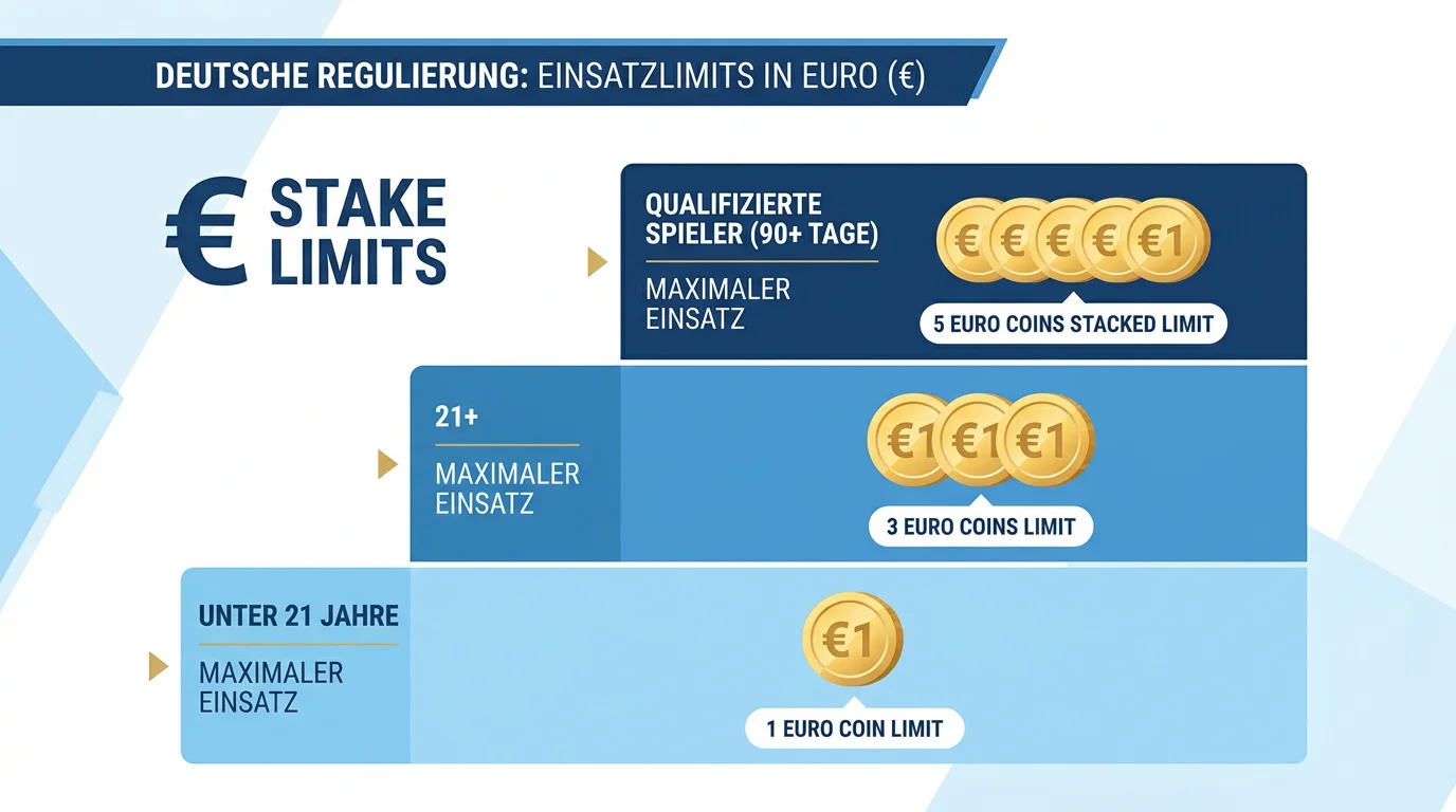 Gestaffeltes Einsatzlimit-Diagramm mit drei Stufen: 1 Euro, 3 Euro und 5 Euro pro Spin