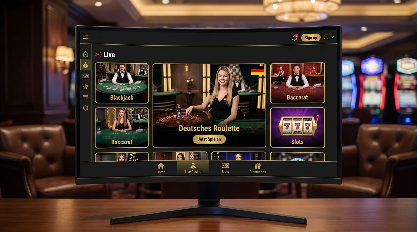Casino-Lobby mit deutschem Roulette-Tisch und deutschem Flaggensymbol in der Navigation