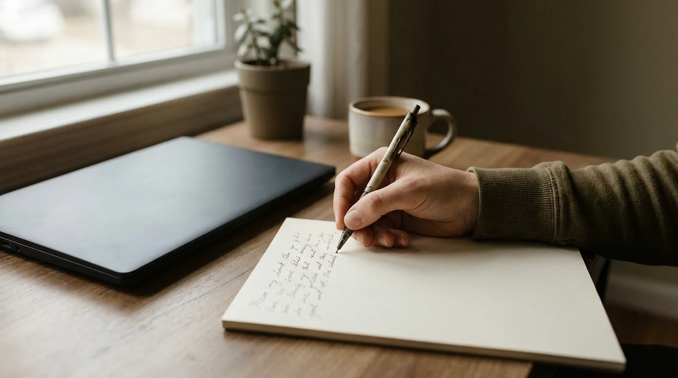 Person notiert mit Stift auf einem Papierblock neben einem geschlossenen Laptop