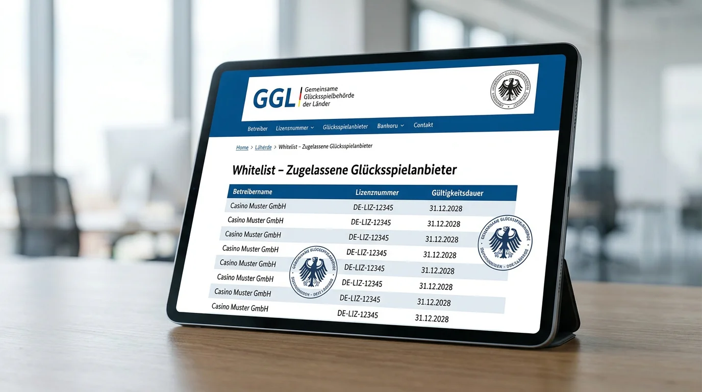 Offizielles GGL-Lizenzdokument mit Siegel und Whitelist-Eintrag auf Tablet-Display