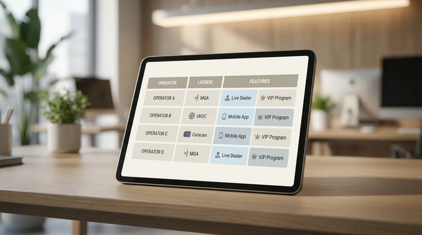 Vergleichstabelle verschiedener GGL-lizenzierter Casino-Anbieter auf einem Tablet-Display