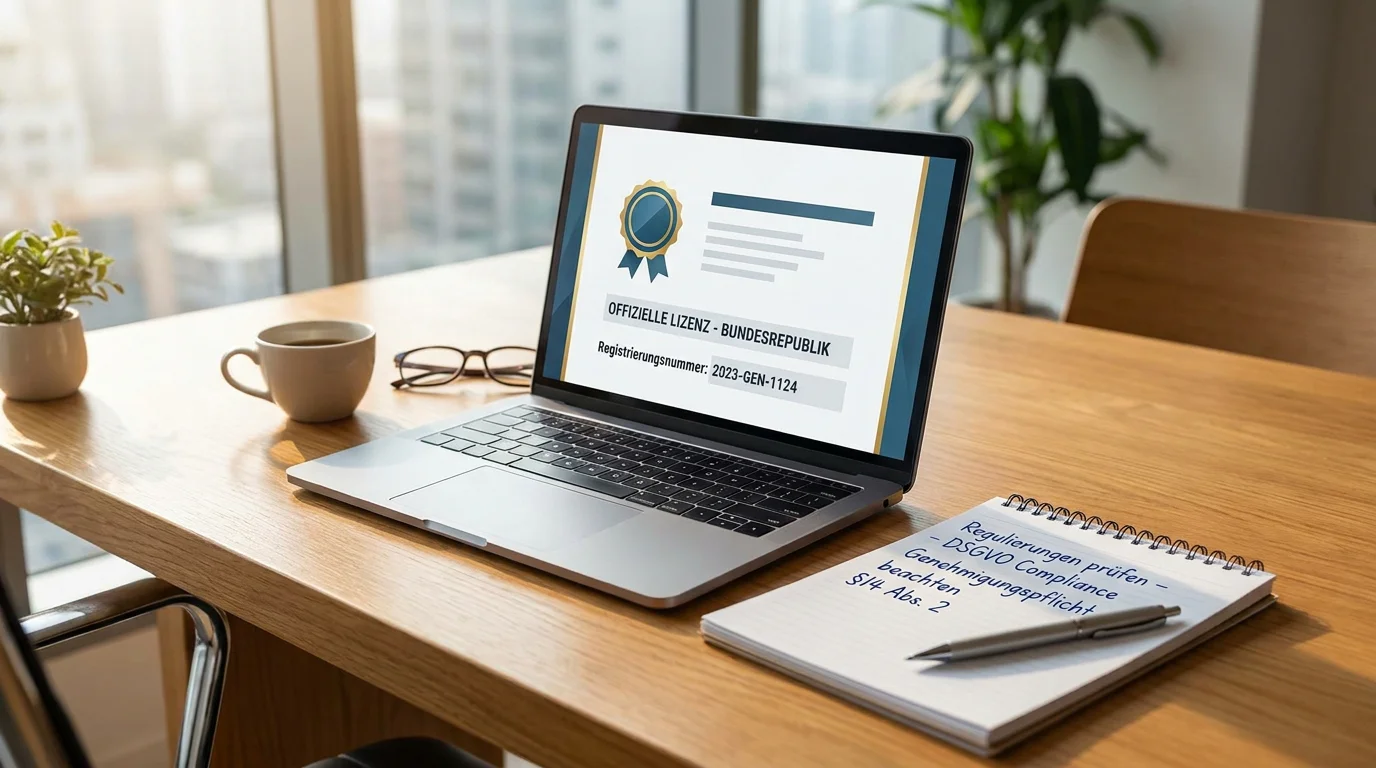 Modernes Büro mit Laptop zeigt GGL-Lizenz-Dokument auf dem Bildschirm