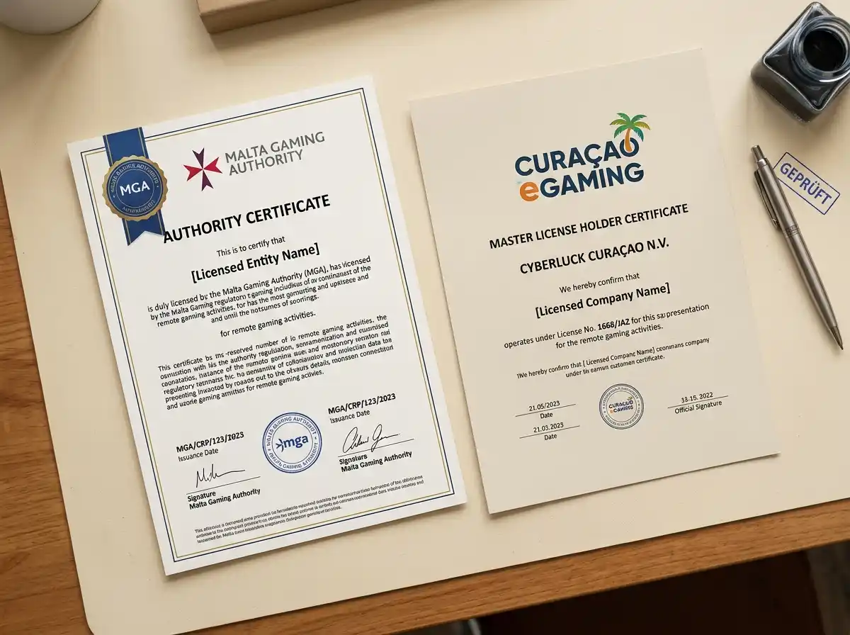 Detailvergleich GGL-Zertifikat und Curaçao-Lizenz auf Schreibtisch