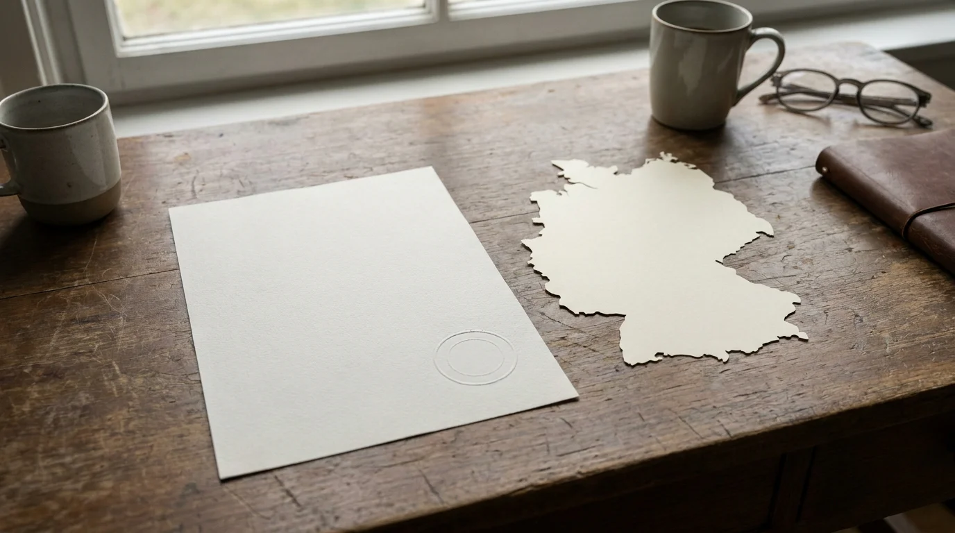 Neutrales Lizenzdokument mit Stempel neben einer Deutschlandkarte auf einem Schreibtisch
