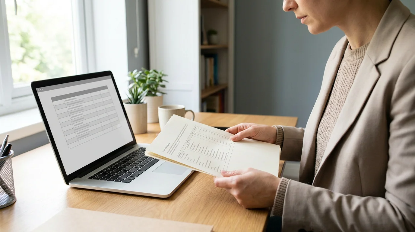 Person prüft am Laptop eine neutrale amtliche Anbieterliste ohne erkennbare Logos