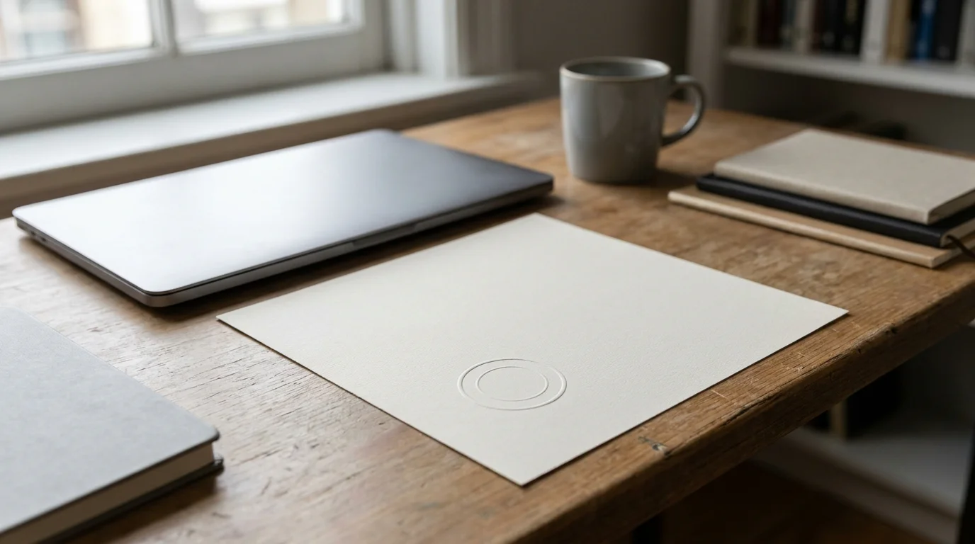 Neutrales amtliches Dokument mit Stempel auf einem aufgeräumten Schreibtisch neben einem Laptop
