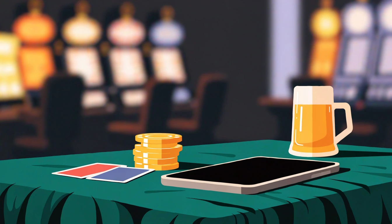 Stilisiertes Smartphone mit Casino-Chips und Spielkarten auf grünem Filztisch