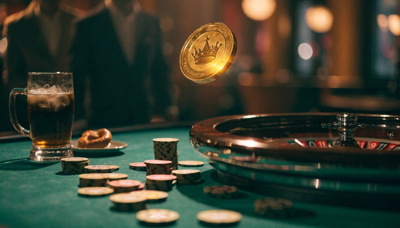 Goldene Jackpot-Münze mit Casino-Chips und Roulette auf grünem Filz