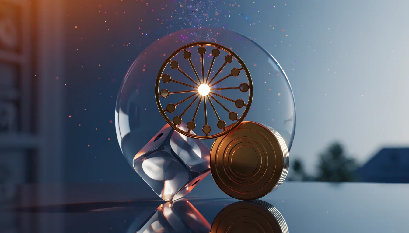 Stilisierte Sonne mit Würfel und Münze als Symbol für Merkur-Slots und RTP