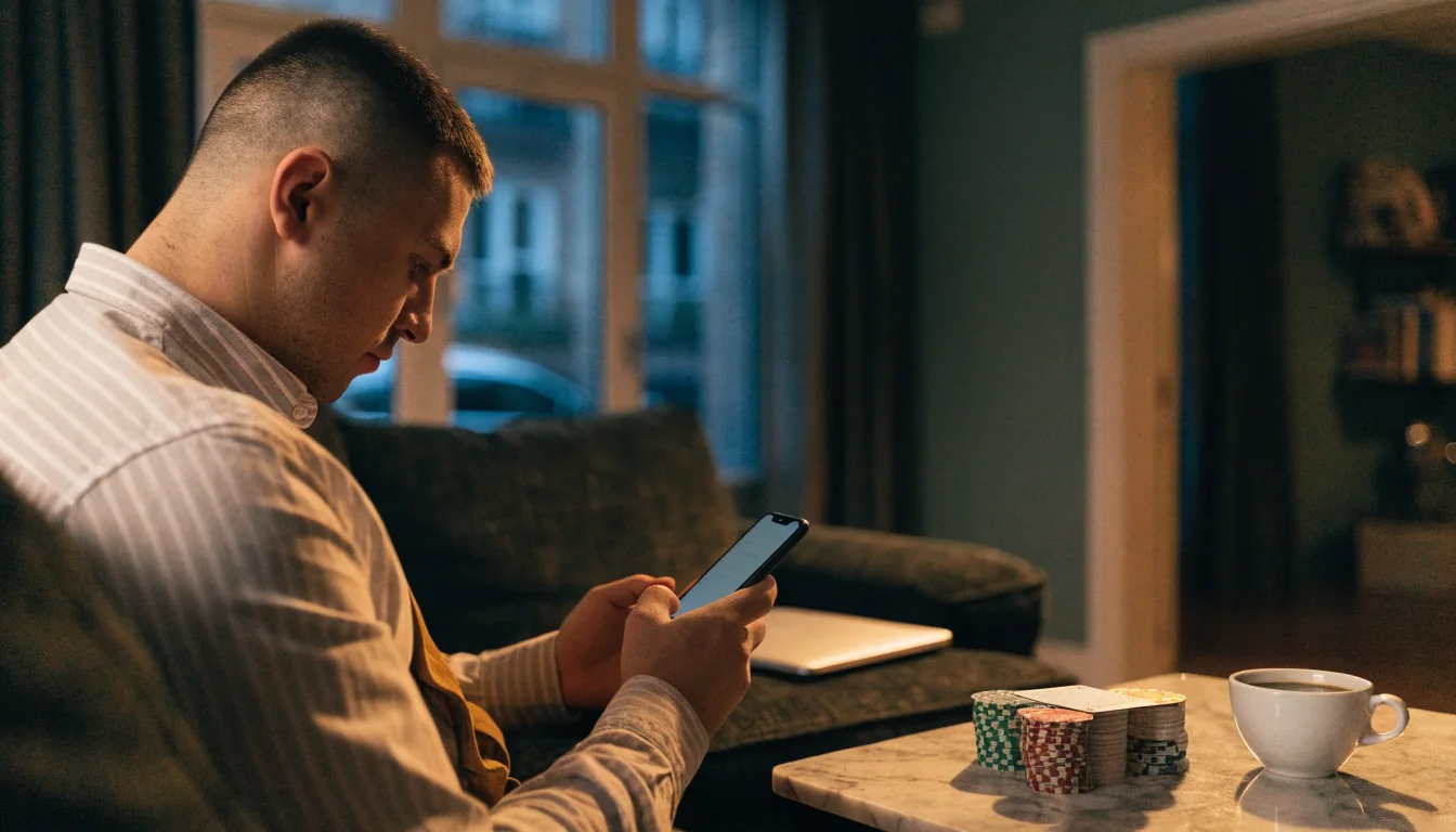 Junger Mann mit Smartphone und Casino-Chips auf dem Tisch