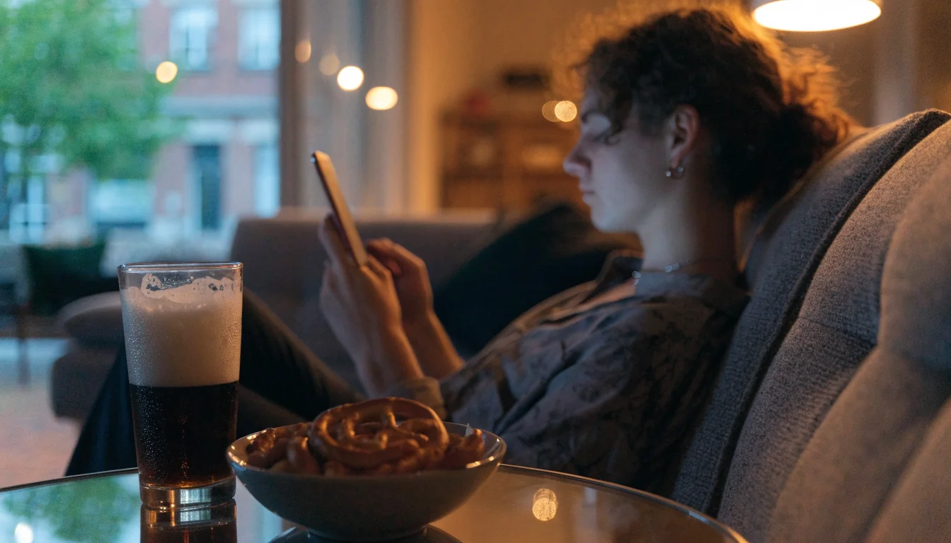 Gemütlicher Abend in einer deutschen Wohnung mit Smartphone, Bier und Brezeln