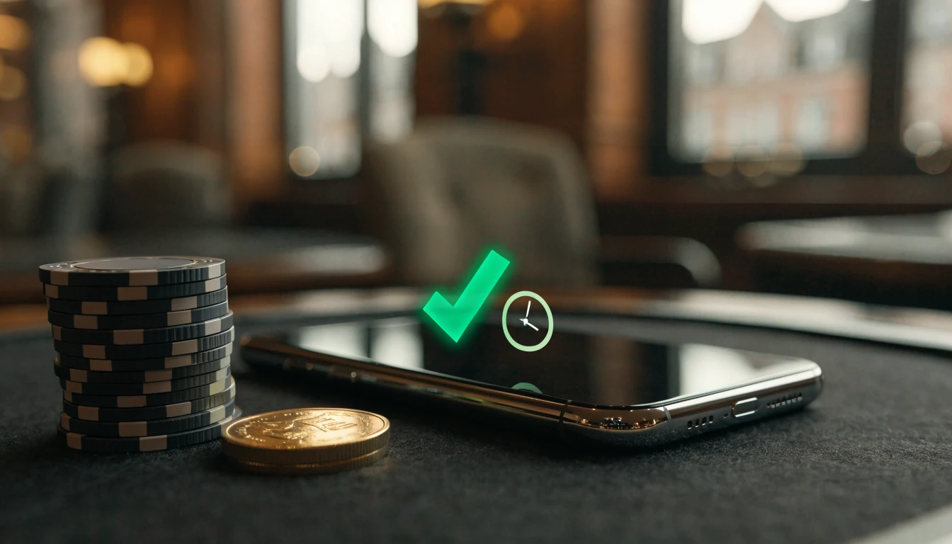Smartphone neben Casino-Chips mit Häkchen und Uhr als Symbol für schnelle Auszahlung