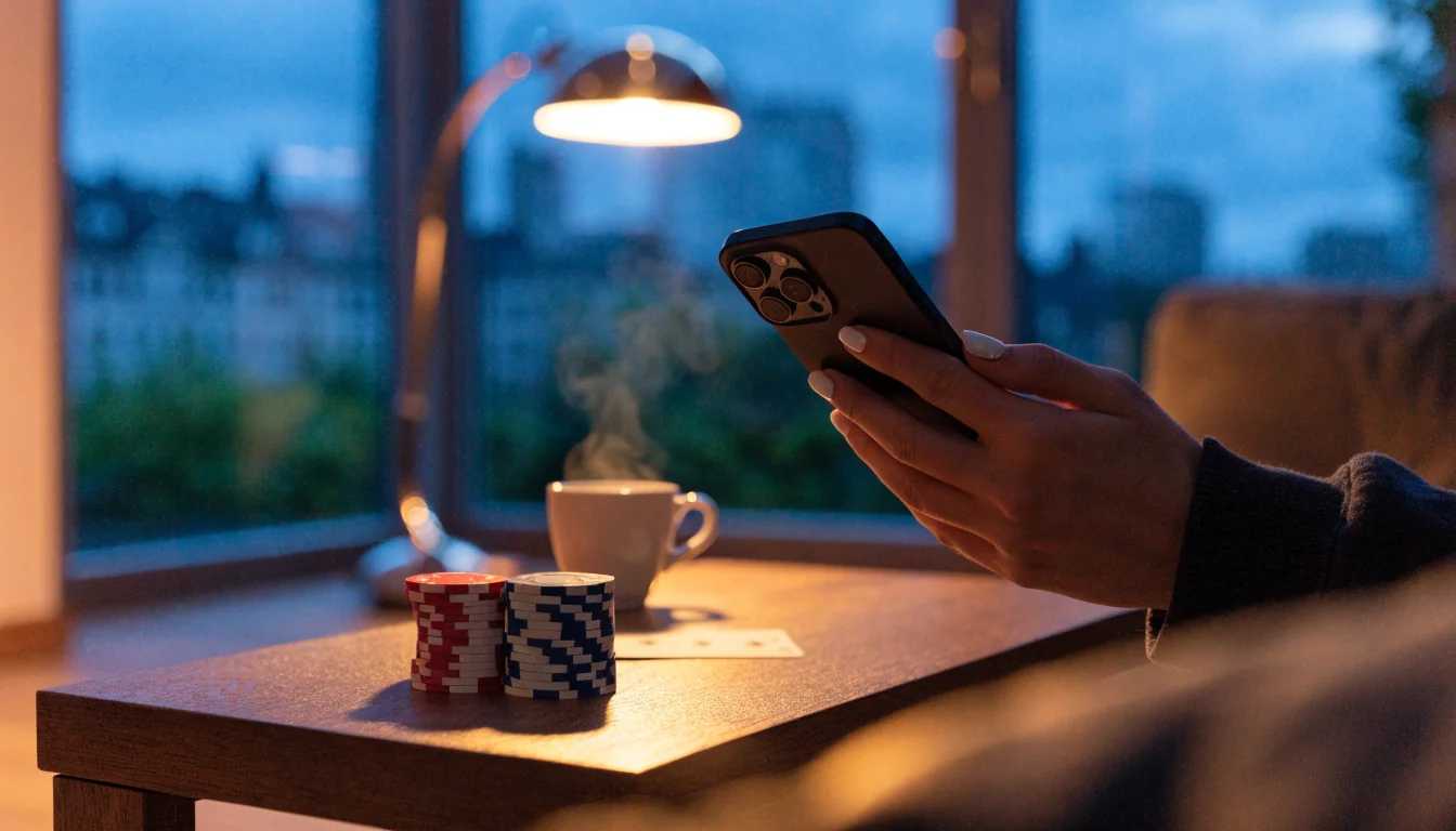 iPhone mit Casino-Chips und Espresso auf Wohnzimmertisch in modernem deutschen Apartment