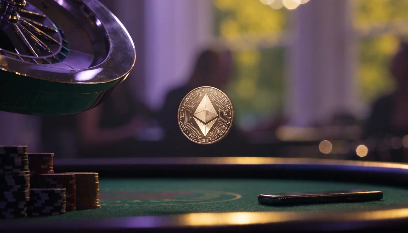 Ethereum-Münze über einem Casino-Tisch mit Chips und Roulette