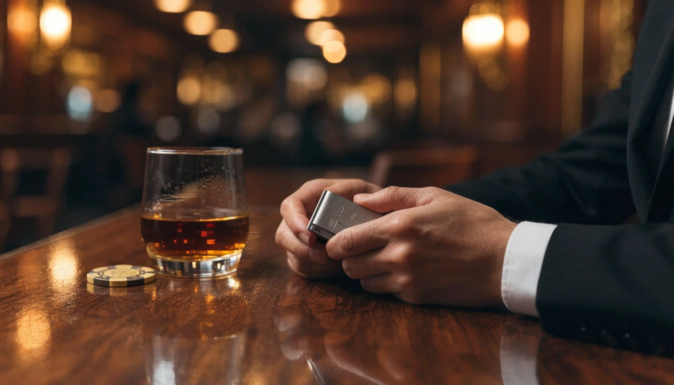 Hände halten Hardware-Wallet neben Casino-Chip an der Bar