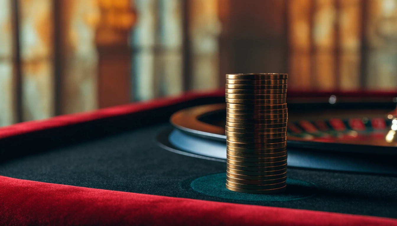Stapel golden Casino-Chips auf elegantem Spieltisch mit Roulette im Hintergrund