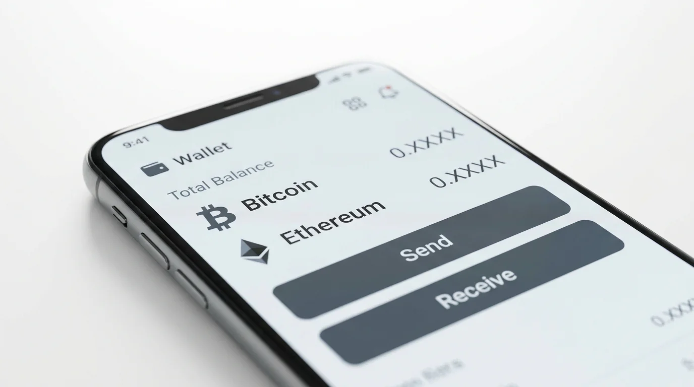 Kryptowährung-Wallet auf Smartphone-Display mit Bitcoin- und Ethereum-Symbolen