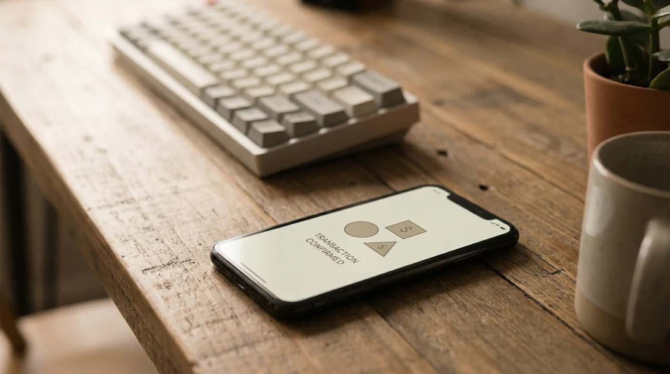 Smartphone auf Holztisch mit abstrakter Transaktionsbestätigung — Krypto-Zahlung