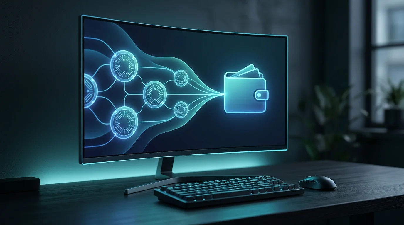 Abstrakte digitale Token ohne Wertangabe fließen in eine Wallet auf einem Monitor