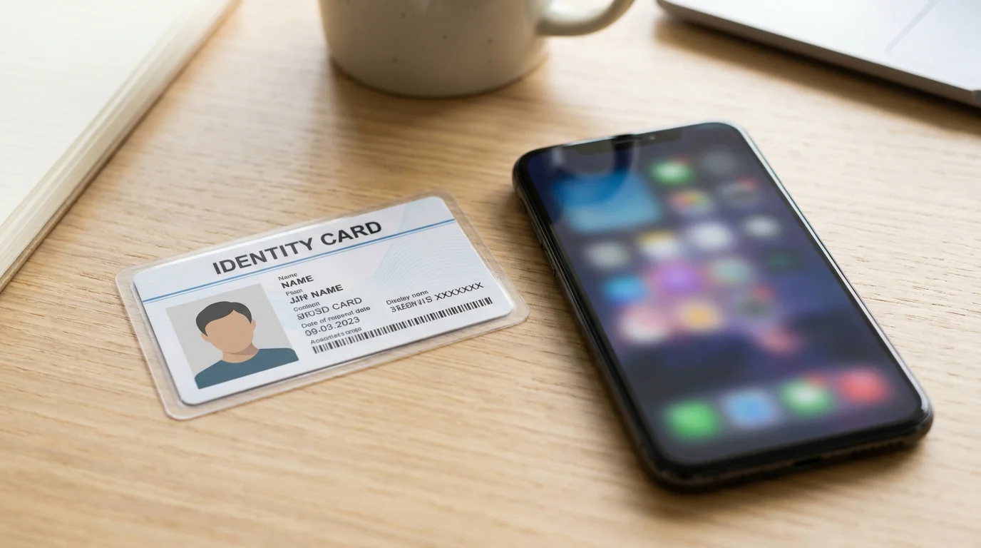 Generisches Ausweisdokument neben einem Smartphone mit unscharfer App-Oberfläche — KYC-Verifikation beim deutschen Online-Casino