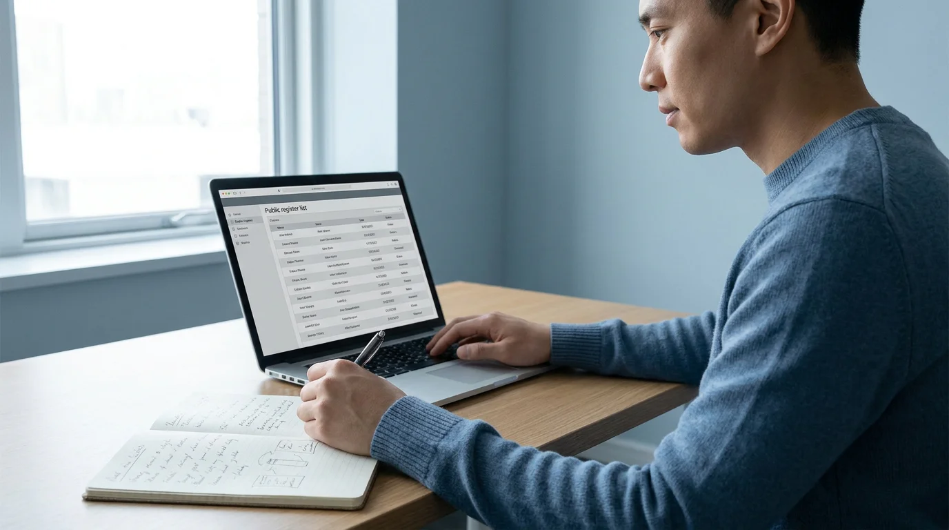 Person prüft die offizielle Whitelist eines legalen Online Casinos am Laptop