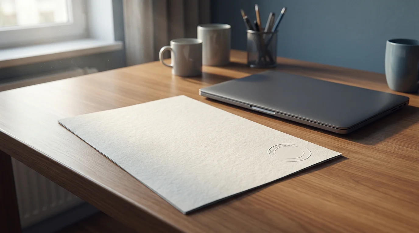 Amtliches deutsches Genehmigungsdokument mit Stempel neben einem Laptop
