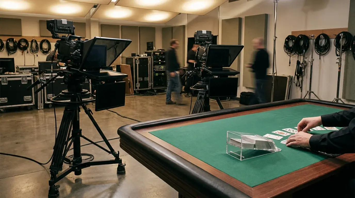 Live-Studio mit Kameras und einem Croupier an einem Baccarat-Tisch