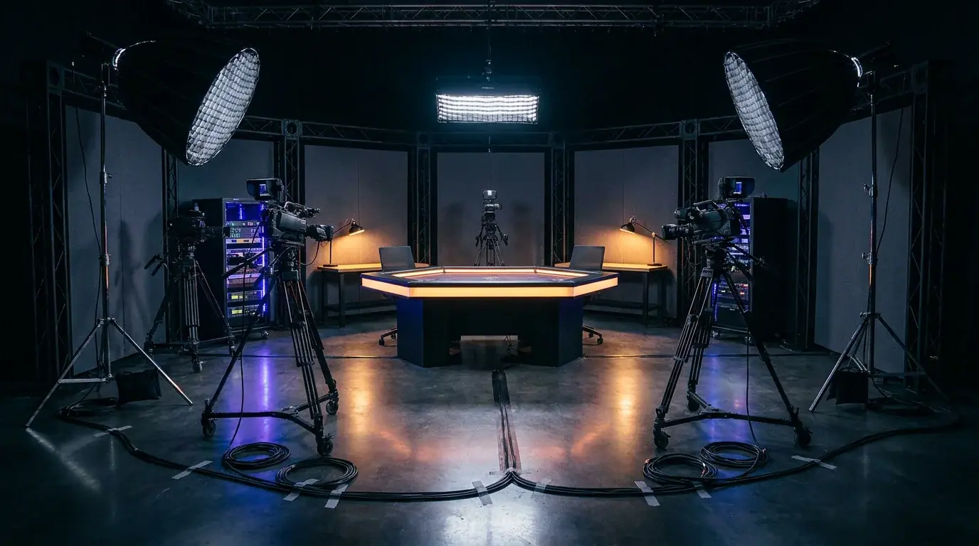 Live-Casino-Studio mit mehreren Kameras und Beleuchtung rund um einen Spieltisch