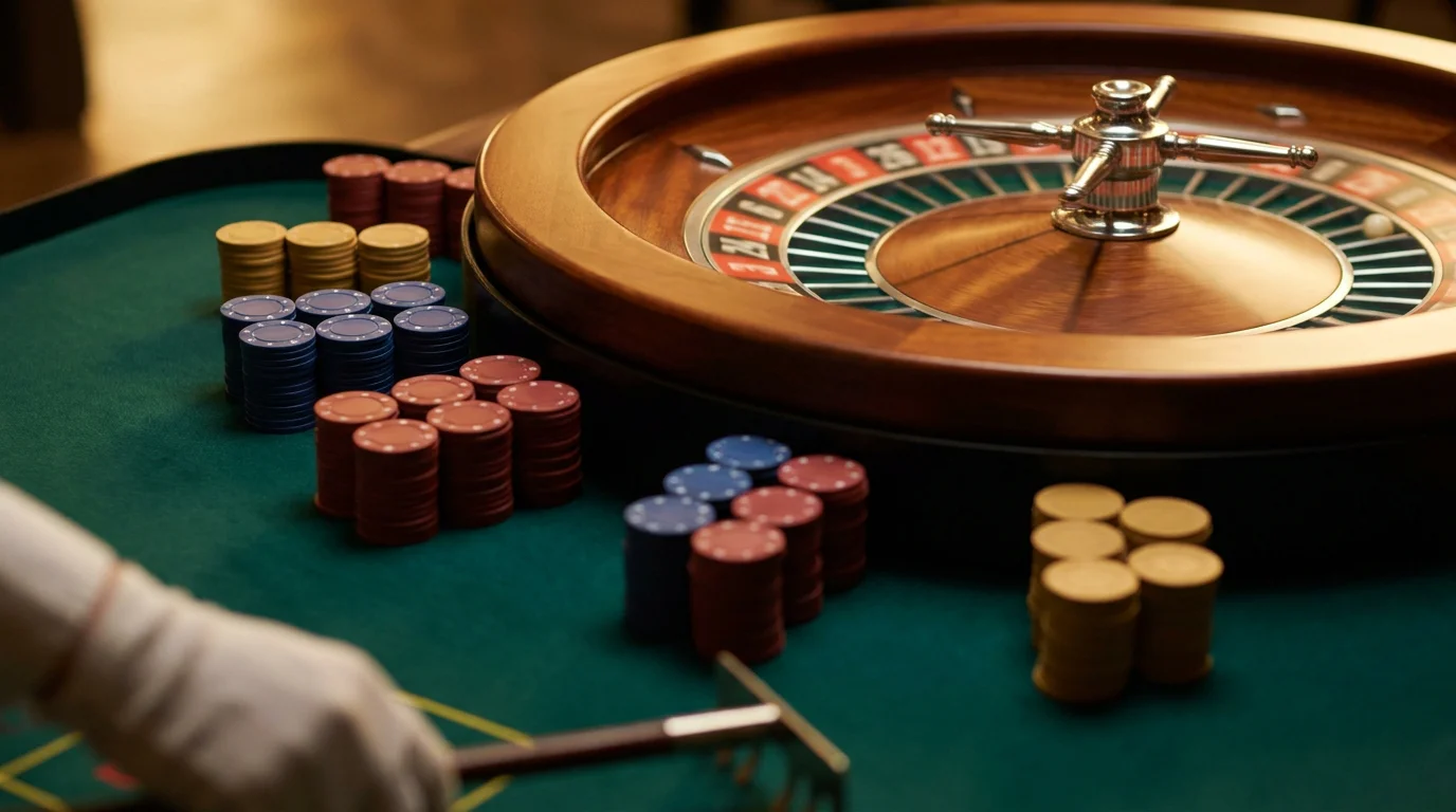 Live-Roulettetisch mit drehendem Kessel und Spielchips ohne Wertangabe