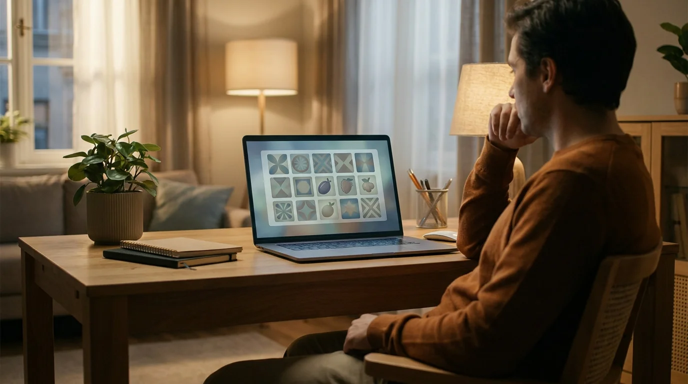 Person am Laptop betrachtet eine ruhige Auswahl generischer Automatenspiele ohne Markenzeichen
