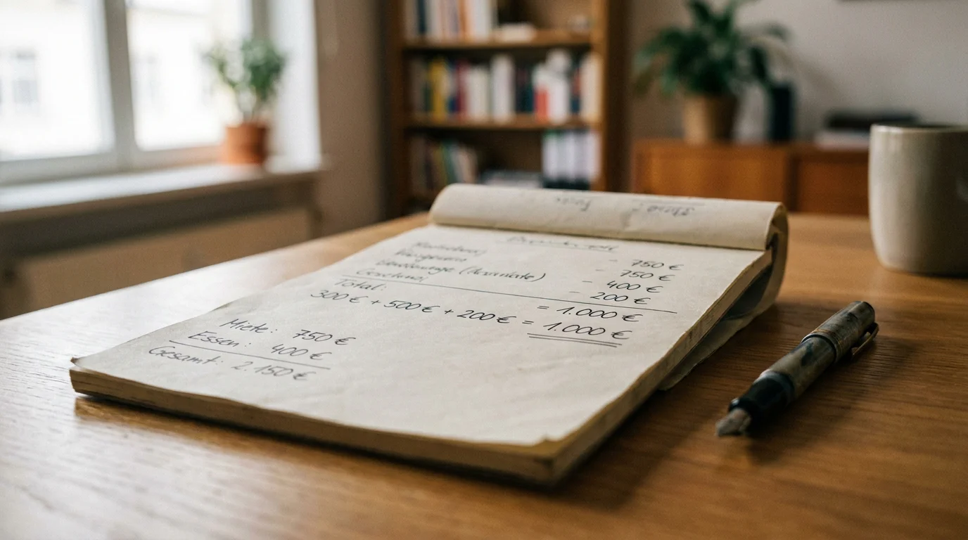 Notizblock mit handschriftlicher Rechnung: 300 € + 500 € + 200 € = 1.000 €